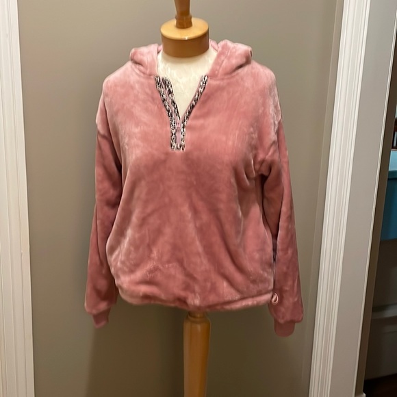 Anthropologie pink hoodie with leopard trim.  Size XS - Picture 1 of 4